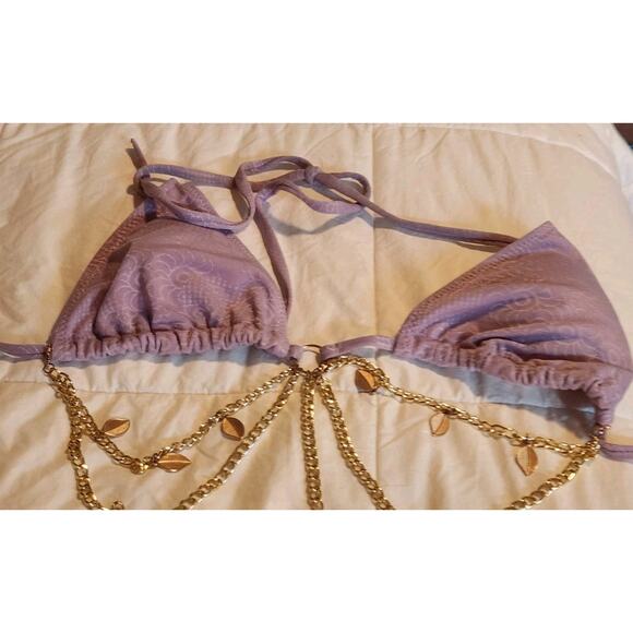 Wild Fable 2 PC Bikini Lavender Halter w/ Gold Chain Link Leaf Hanging Sz Med - Picture 6 of 7